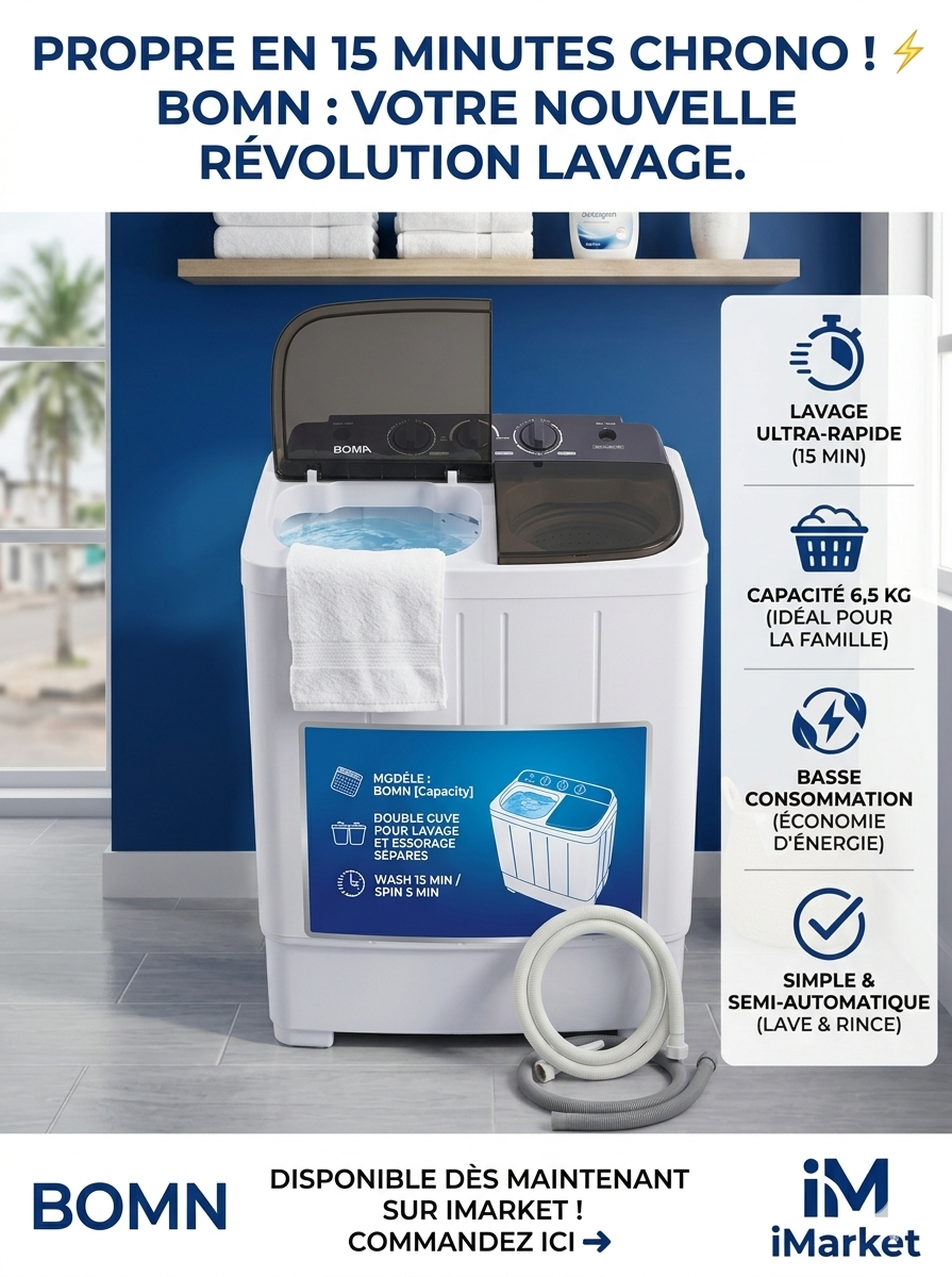 BOMA 7.2KG "La Petite Puissante" — Lavage Rapide & Essorage Turbo : Idéale pour les Espaces Optimisés !